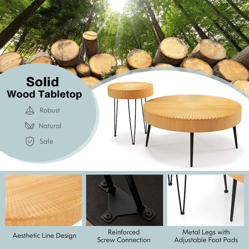 Set of 2 Boho Round Coffee Table Sofa Side Nesting Table w/ Wood Top