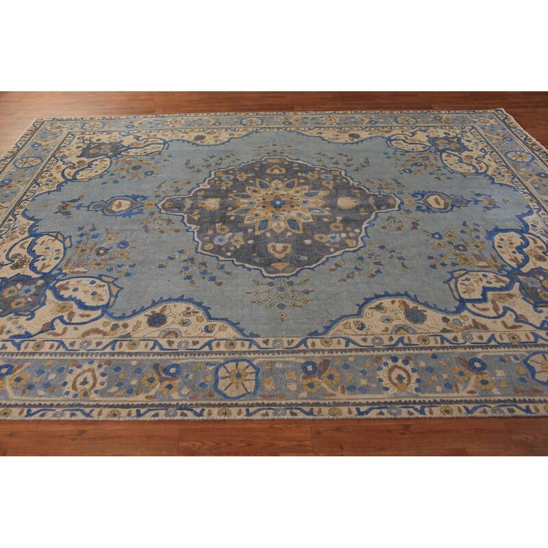 Blue Tabriz Persian Area Rug Oriental Floral Hand-Knotted Wool Carpet - 7'10"x 10'9"