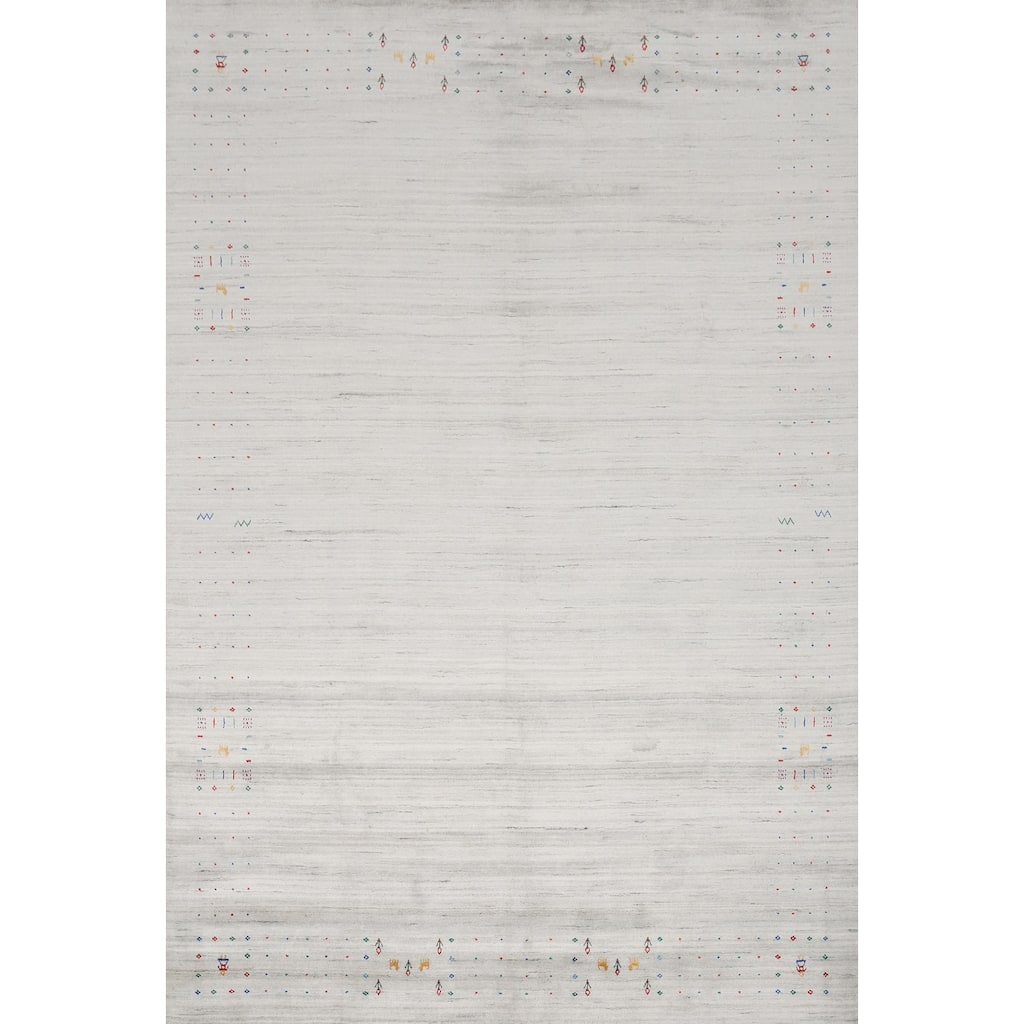 Hand Knotted Oriental Viscose Silk Carpet Tribal Animal Pictorial Greys & Charcoal Gabbeh Area Rug - 11' 9'' X 8' 9''
