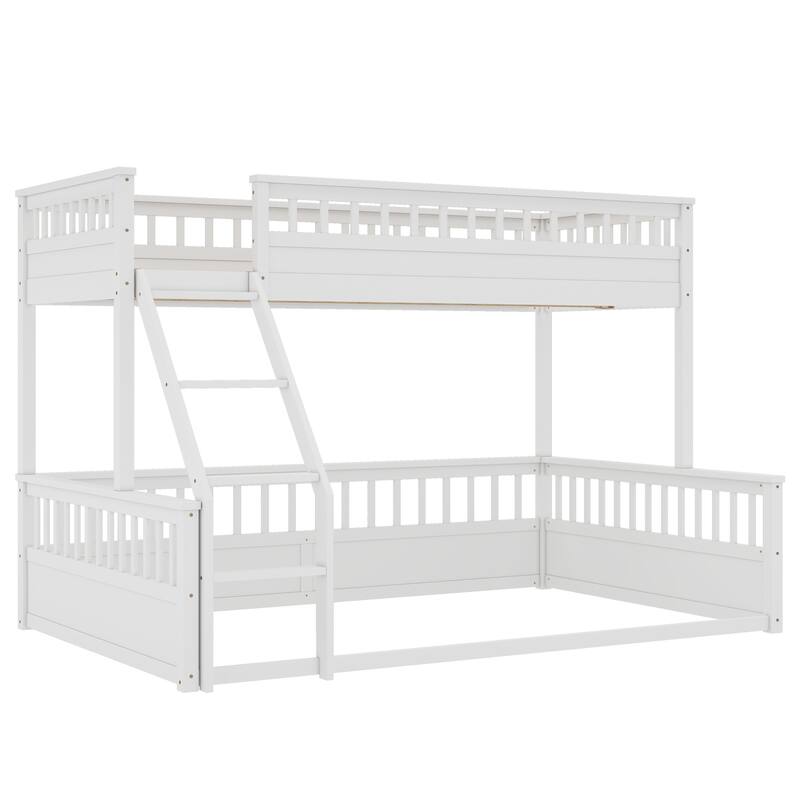 Roomfitters Twin XL over Queen Bunk Bed with Ladder and Safety Guardrails, Space-Saving Wood Frame, White