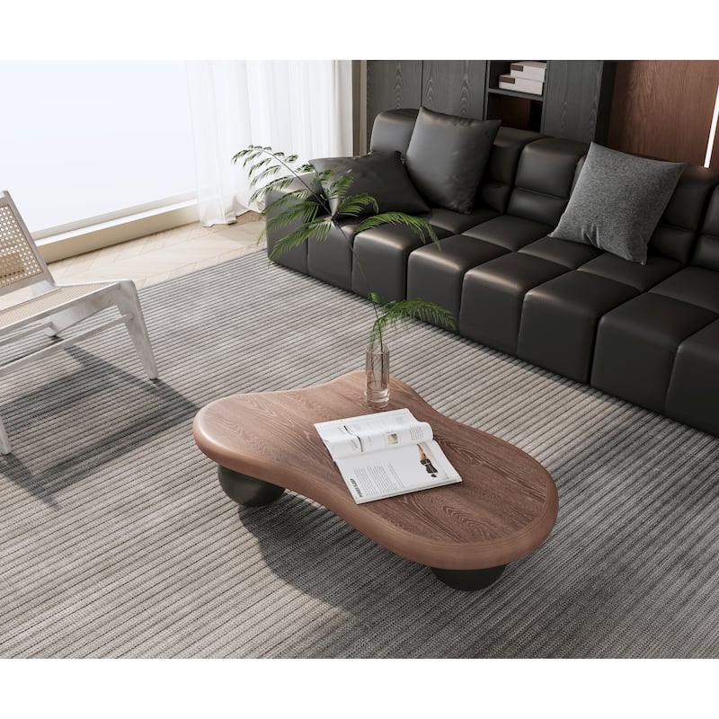 40 Inch Cloud Shaped Coffee Table with 3 Ball Legs for Living Room, Walnut Top Black Legs