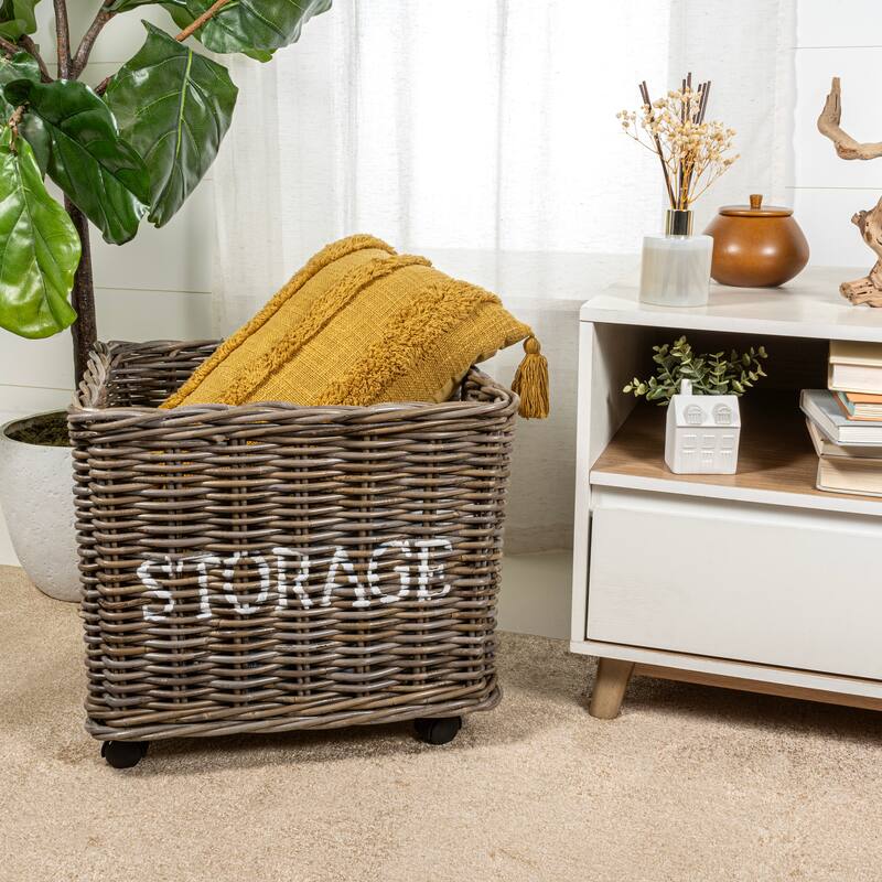 happimess Yael Coastal Hand-Woven "STORAGE" Rattan Basket with Wheels and Handles, Kubu Gray