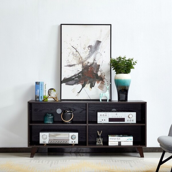 Transitional Wooden TV Stand with 4 Open Shelves. Opens flyout.