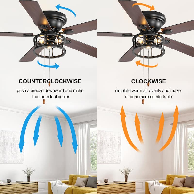 52-inch Flush Mount Matte Black Industrial Ceiling Fan with Pull Chain(5-blade)