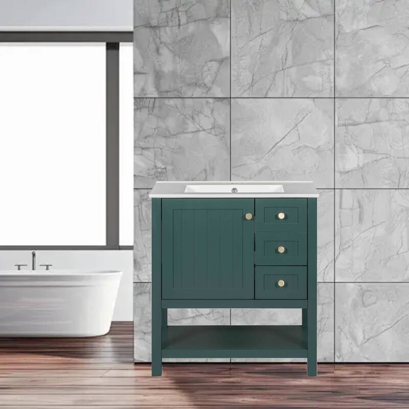 30-Inch Bathroom Vanity with Ceramic Sink, Elegant Transitional Design, Soft-Close Doors & Drawers for Efficient Storage - Green