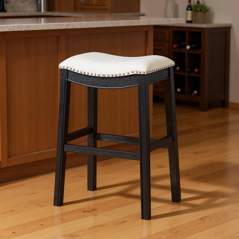 HomeRoots 31" White and Black Fabric and Solid Wood Backless Bar Height Bar Chair - Bar Height - White - Single