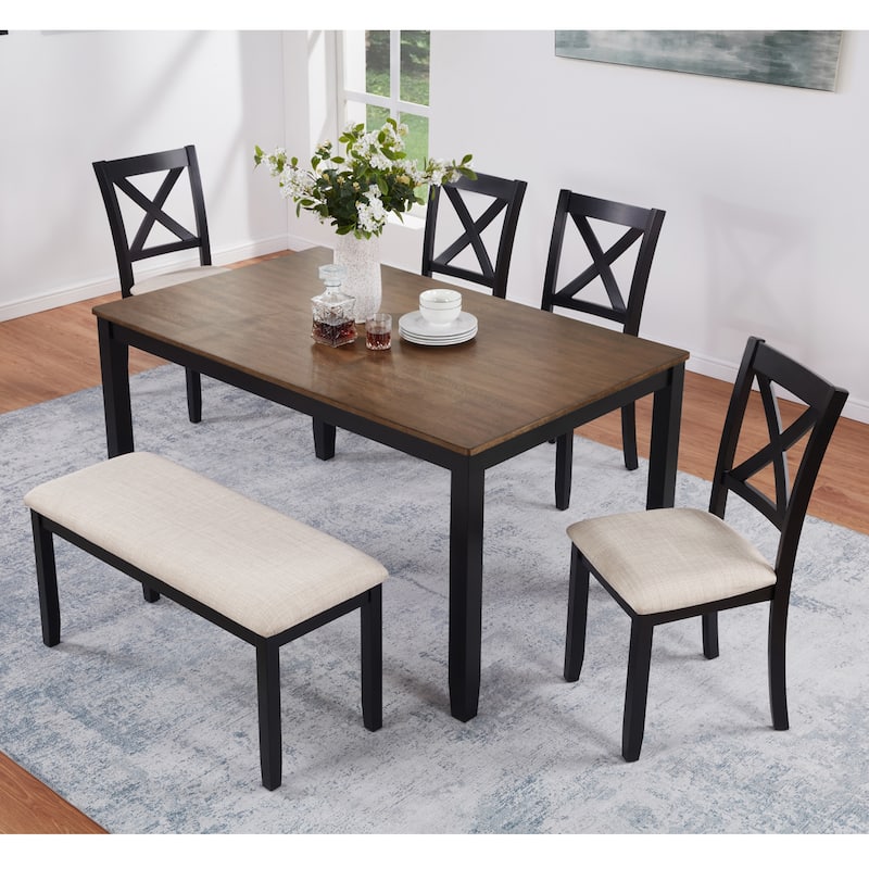 6-Piece Wooden Dining Table Set, Including 1 Dining Table, 4 Chairs & 1 Bench, Kitchen Dining Table & Chair Set for 6-Person - Beige,Black,Oak