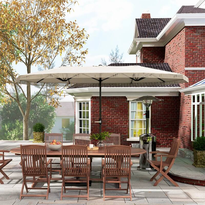 Large Double Rectangle Patio Umbrella with Crank Lift and UV Protection Steel Pole Fringe