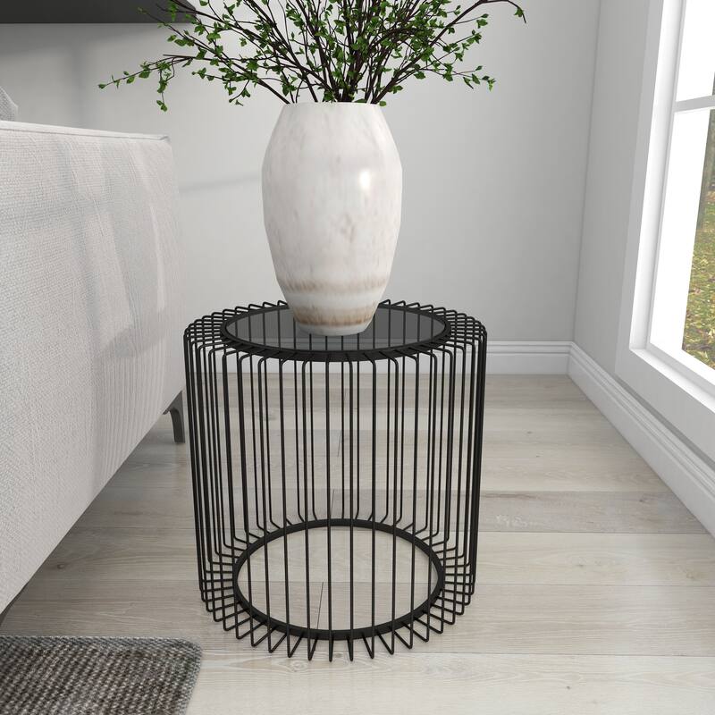 Metal Open Wire Frame Accent Table with Shaded Glass Top - Black - Roche River Decor