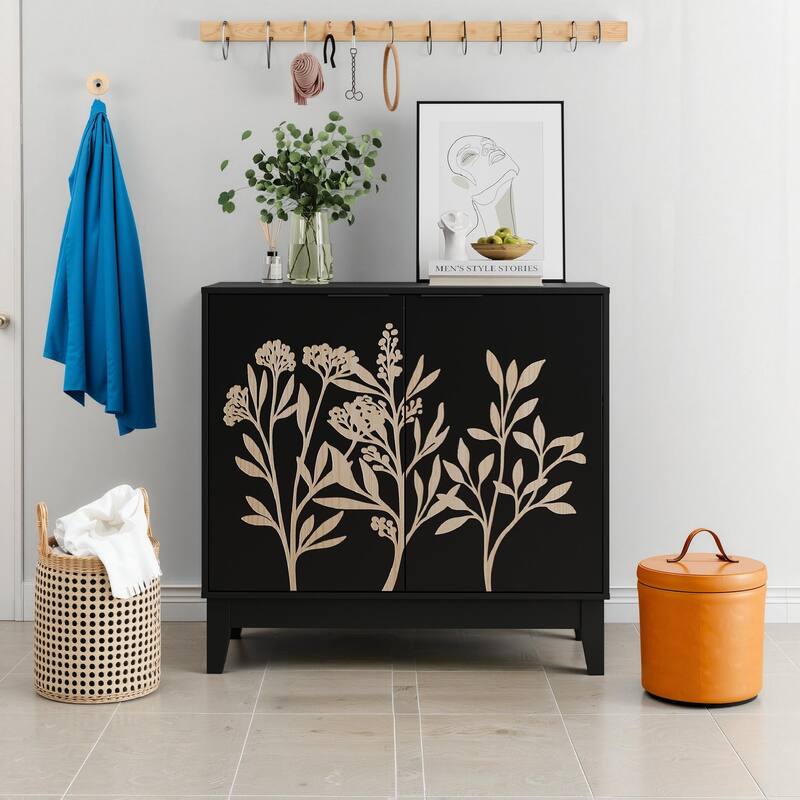 Flower Carved 2 Door Buffet Cabinet, Large Wooden Accent Cabinet, Entryway Table with 2 Doors & Adjustable Shelves