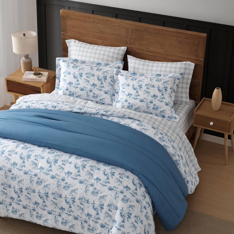 Eddie Bauer Fish Town Toile Reversible Lightweight Coastal Comforter Set (Blue)