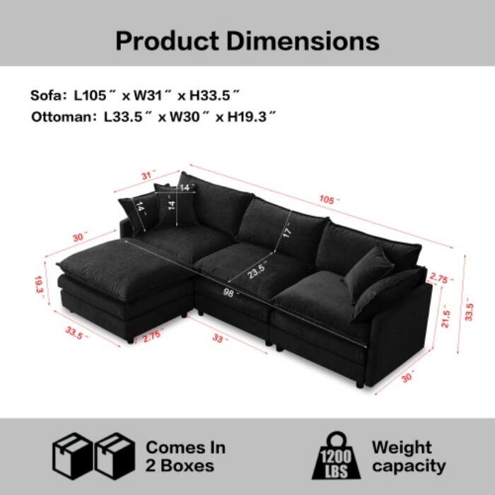 105" Modular Sectional Sofa with Ottoman, Upholstered Chenille Fabric 3-Seater
