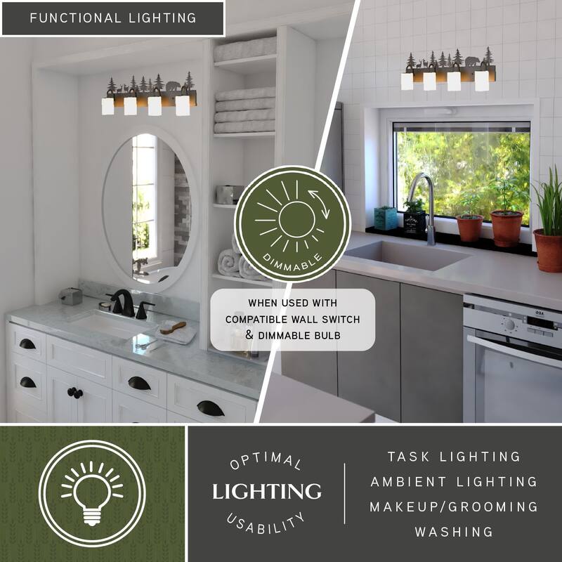 VAXCEL Acadia Bronze Rustic Wildlife Bathroom Vanity Lighting Wall Fixture with Nightlight, Frosted White Glass Shade