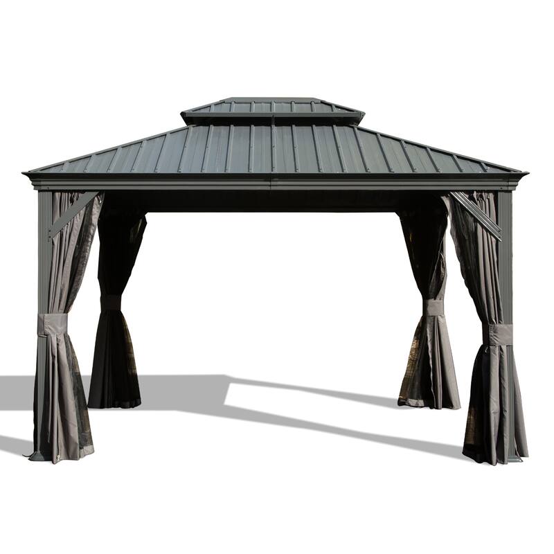 12' X 14' Hardtop Gazebo with Drainage System, Galvanized Steel Roof, Curtain and Netting, Outdoor Shelter for Patio, Garden - Grey