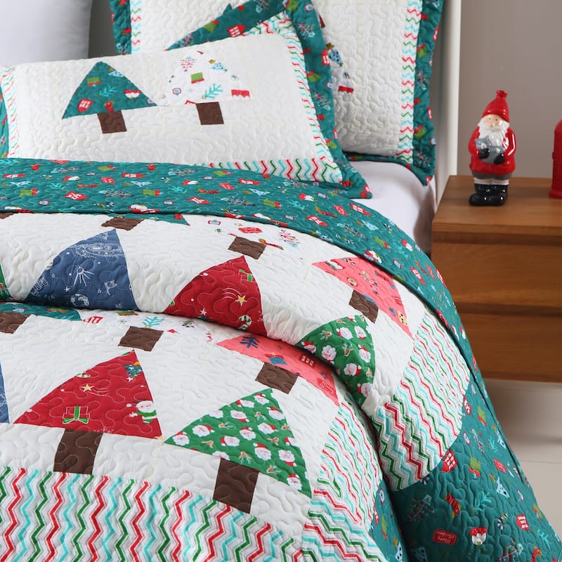 MarCielo Handcrafted Christmas Patchwork Cotton Quilt Bedspread Set 3-Piece Vintage Style Holiday Bedding