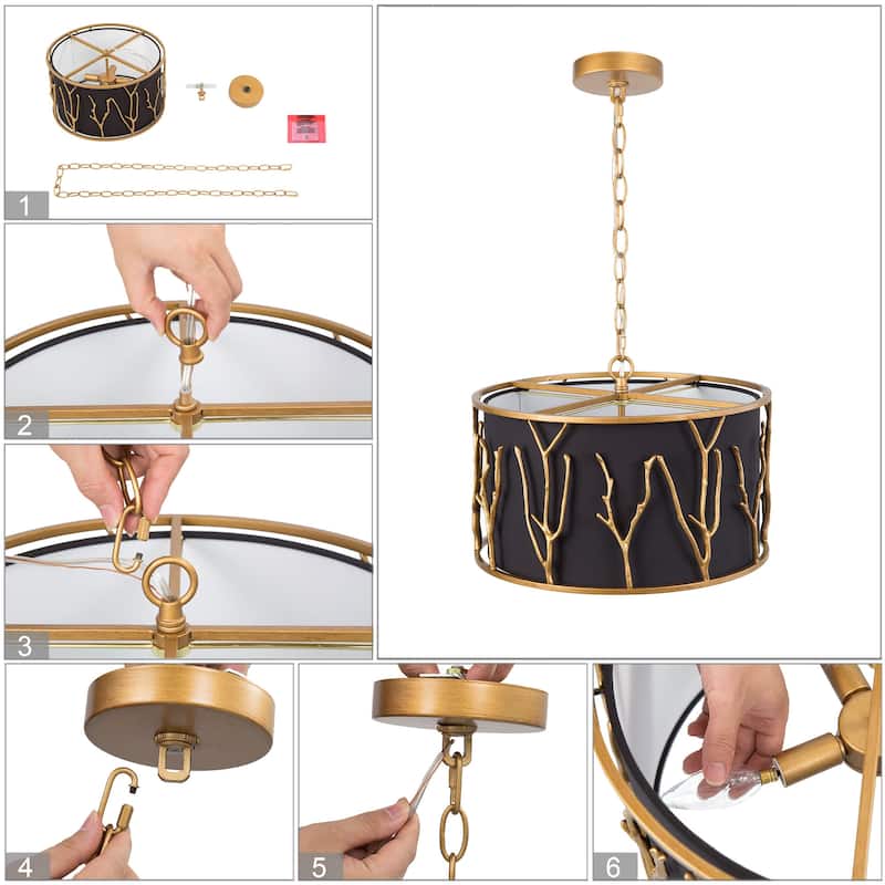 Malryn Mid-century Modern 4-Light Brass Black Glam Drum Chandelier for Dining Room - D 15.5" x H 10"