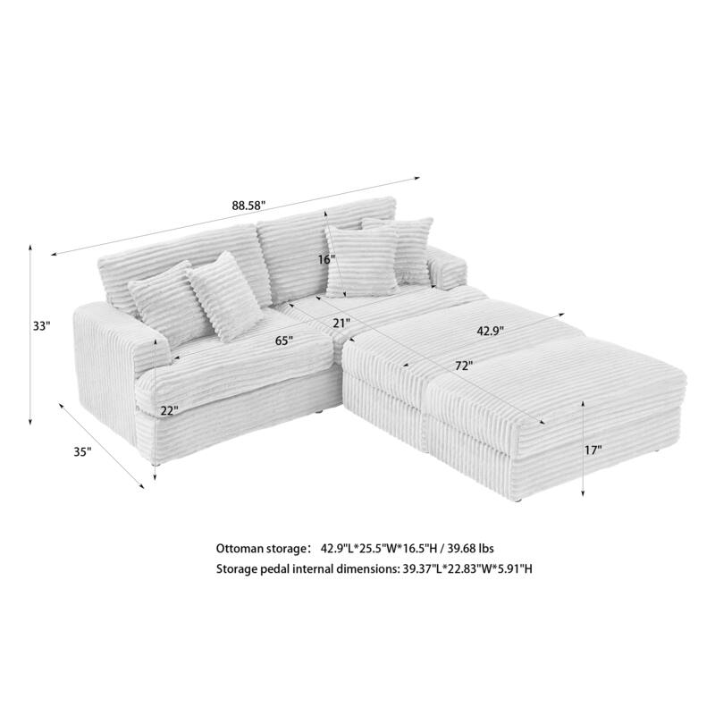 Corduroy Sleeper Sectional Sofa Loveseat Couch with 2 Storage Ottomans
