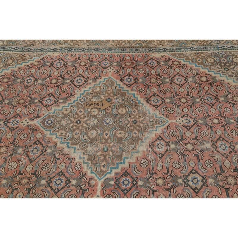 Pink Geometric Tabriz Persian Vintage Rug Hand-Knotted Wool Carpet - 6'7"x 9'9"