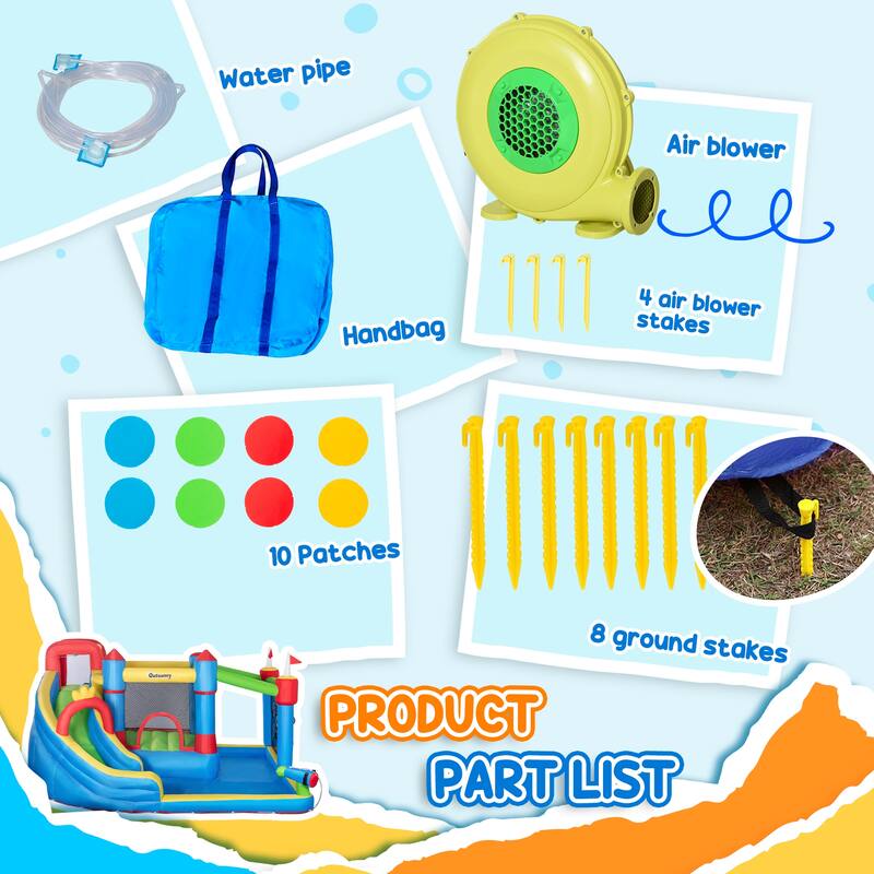 Outsunny 6-in-1 Inflatable Bounce House with Slide, Climbing Wall, Water Cannon, and More, Inflatable Water Slide for Kids