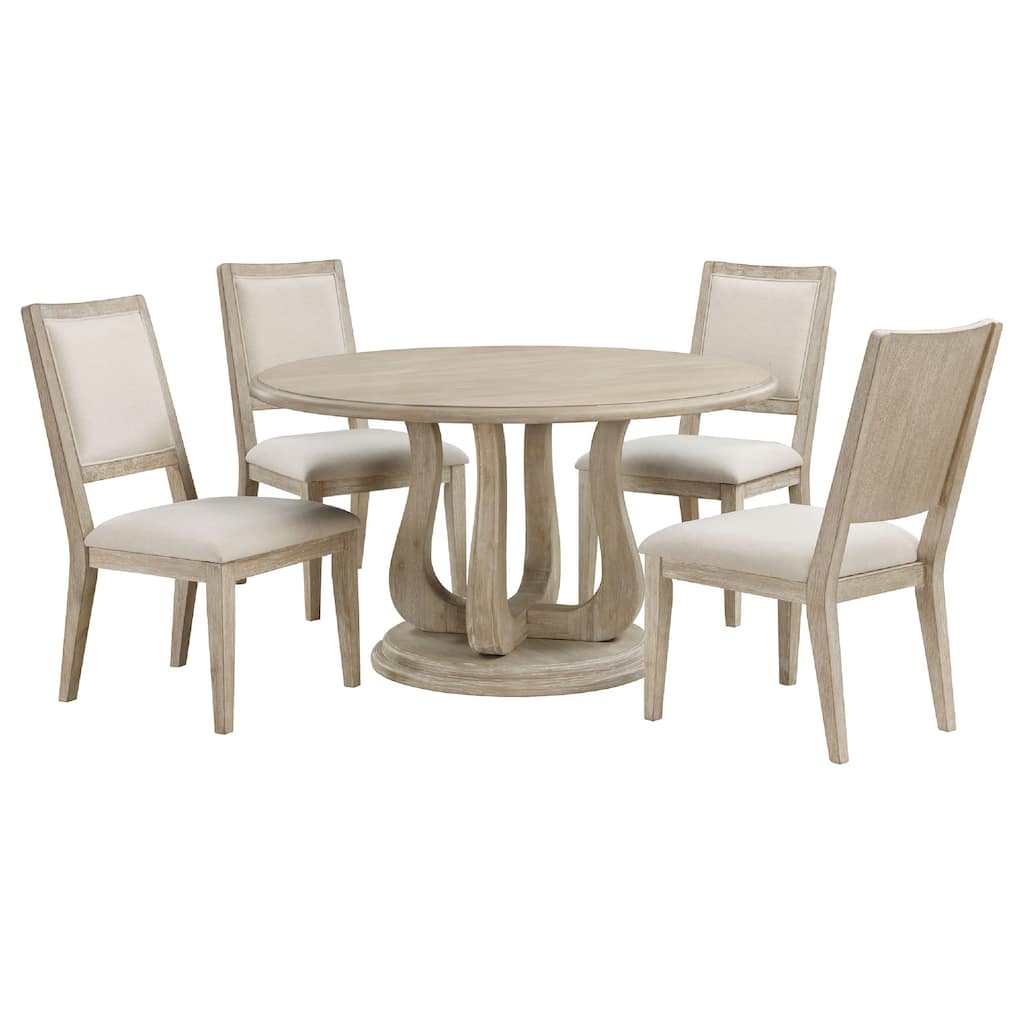 Eva 5pc Dining Table Set, White Washed Round Wood Top, Beige Chairs