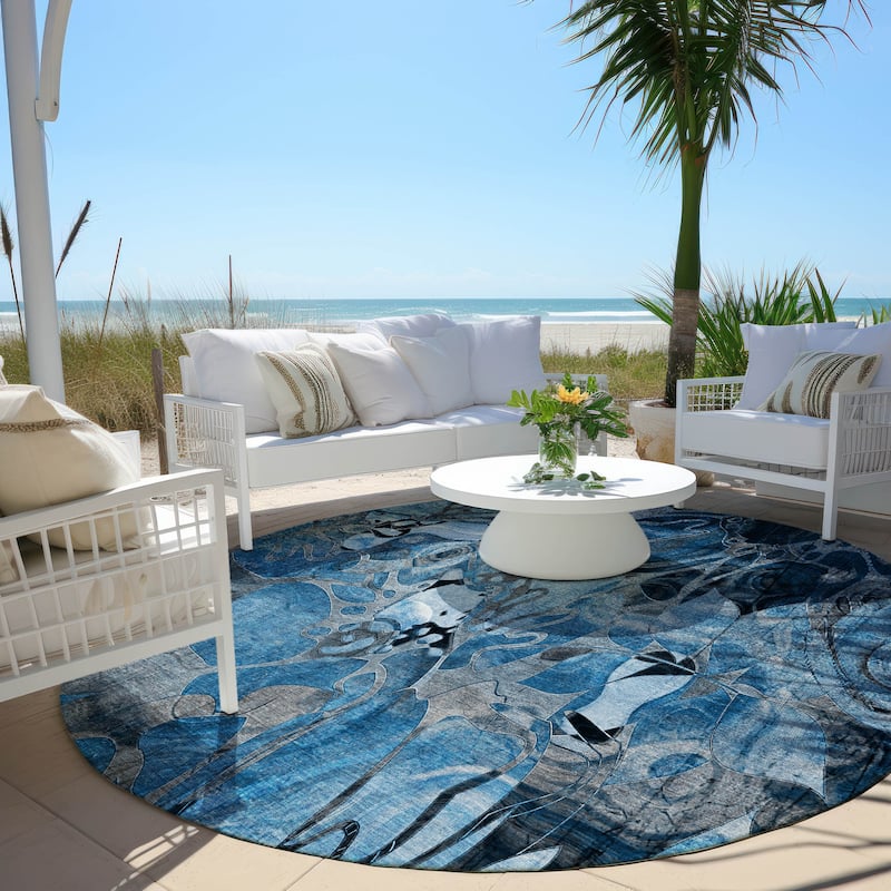 Machine Washable Indoor/ Outdoor Modern Floral Chantille Rug - 8' x 8' - Blue