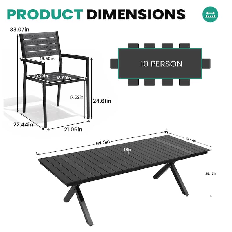 11PC Outdoor Patio Aluminum X-Frame Dining Set Table with Stackable Chairs Umbrella Hole