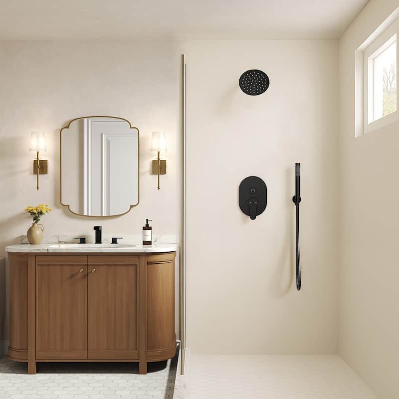 GRANDJOY Dual Shower Kit with Round Rainfall Head and Hand Shower, Lever Control Valve - Matte Black