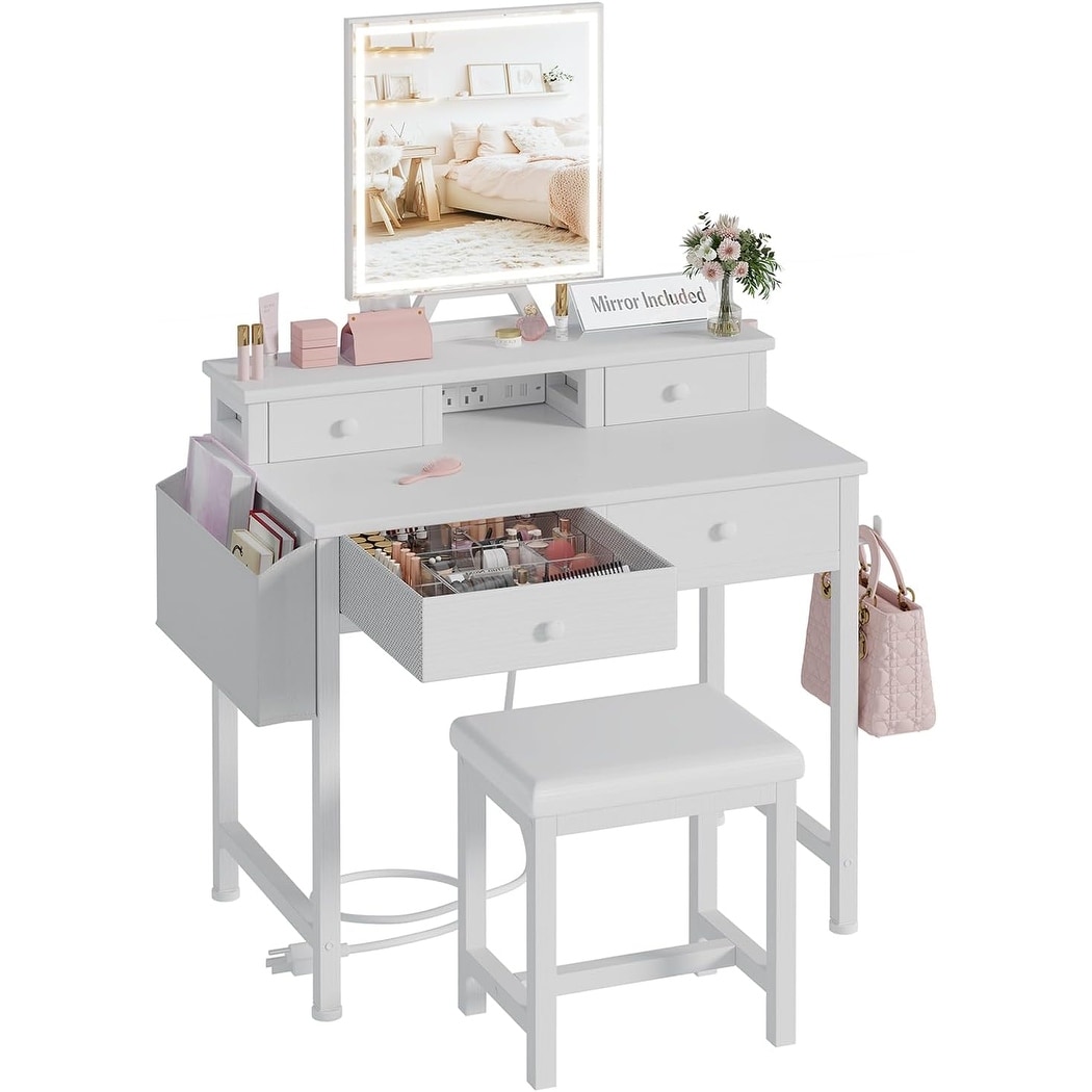 Compact Makeup Vanity Desk with LED Mirror, Storage Drawers, and USB Ports for Small Spaces