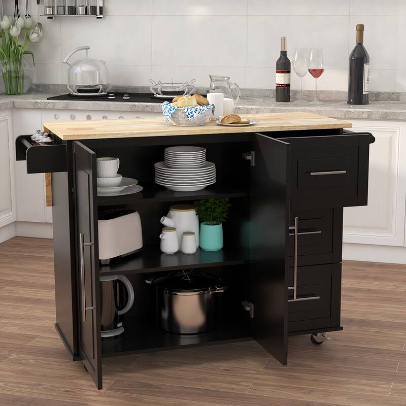 Rolling Multifunctional Kitchen Island with Spice Rack, Towel Rack and Extensible Solid Wood Table, 3 Drawers and Cabinet