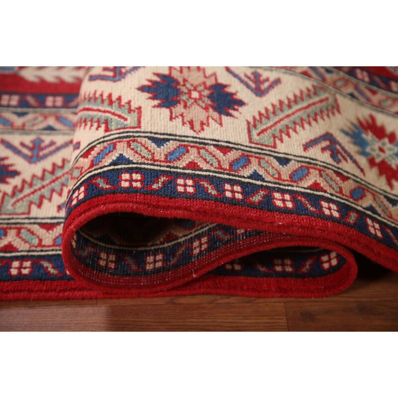 Red Geometric Kazak Area Rug Hand-Knotted Living Room Wool Carpet - 6'8" x 9'9"