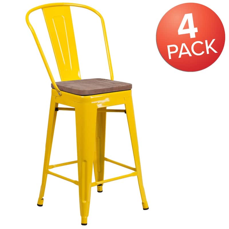 4 Pack 24" High Metal Counter Height Stool with Back and Wood Seat - 17.75"W x 20"D x 39.25"H