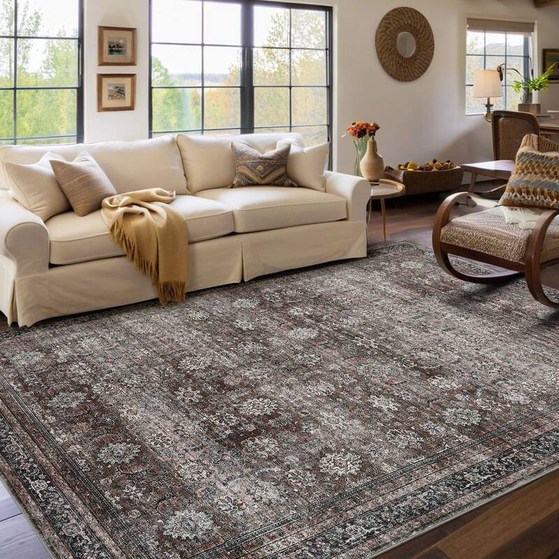 Area Rug Vintage Washable Floral Distressed Living Room Rugs, Soft Low Pile Non-Slip Rugs for Bedroom - 9'x12' - Dark Brown