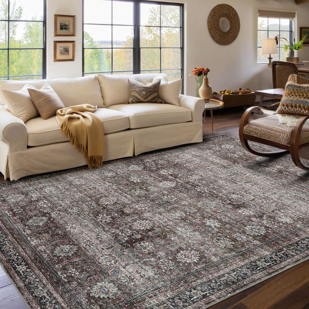 Area Rug Vintage Washable Floral Distressed Living Room Rugs, Soft Low Pile Non-Slip Rugs for Bedroom