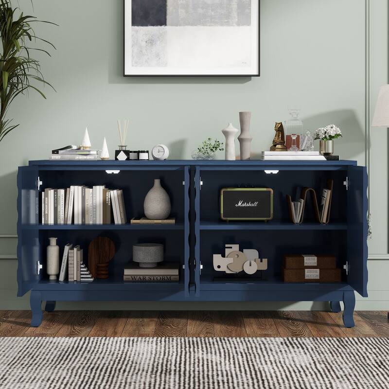 Modern Elegant Sideboard with 4 Doors, Height Adjustable, for Study, Entryway, and Living Room, Navy Blue