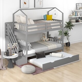 Staircase Storage Multifunctional Twin over Twin House Bunk Bed with Staircase and Storage