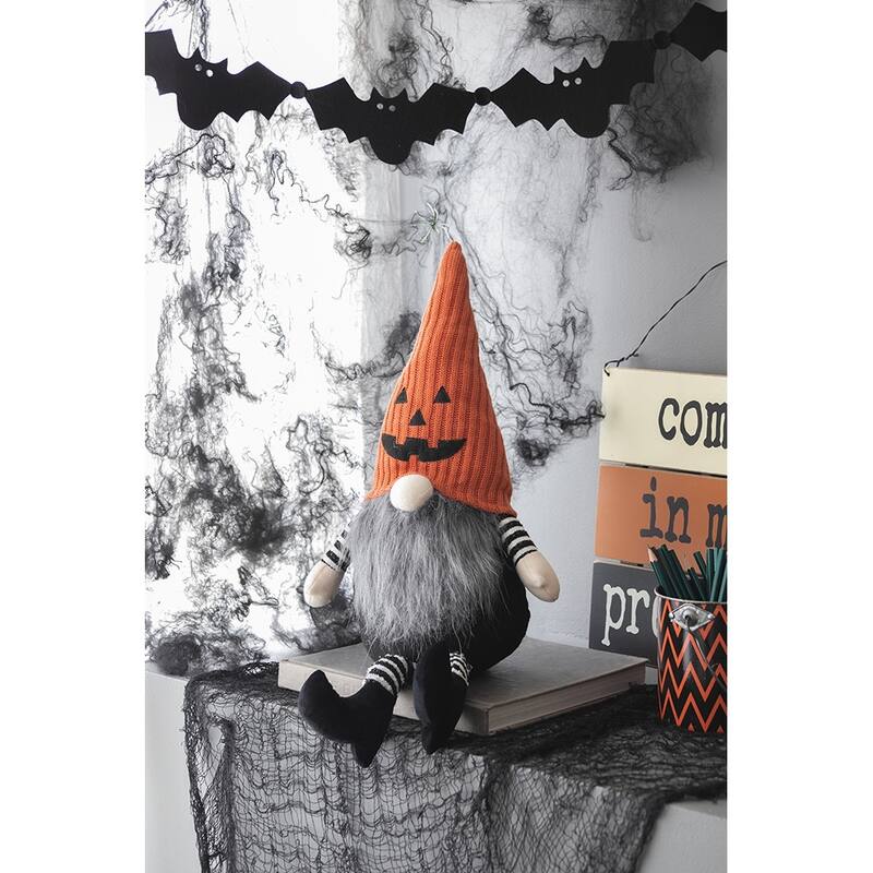 8.3x4.7x23.5" Fabric Sitting Gnome with Orange Knit Hat, for Halloween Decor