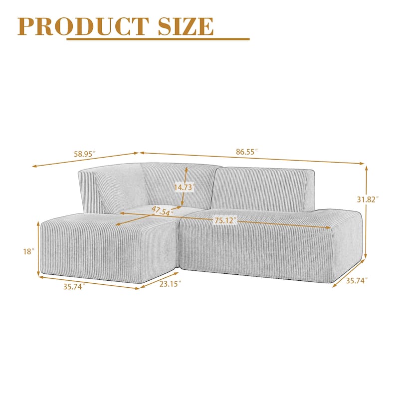 94" W Corduroy Upholstered Fully Sponge Molded Modular Sectional Sofa