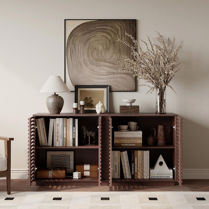 Solid Wood Buffet Cabinet with Slatted Doors - TV Stand & Storage - Brown