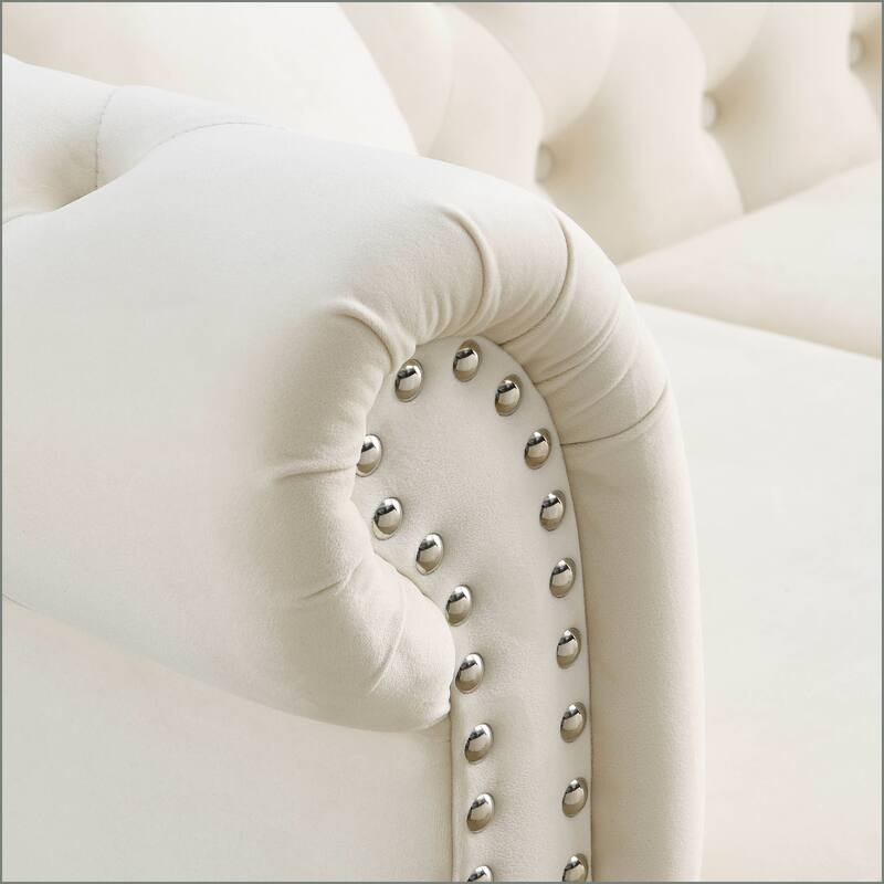 Anmytek 80 Inch Beige Velvet Chesterfield Sofa Tufted 3 Seater Couch with Nailhead Trim