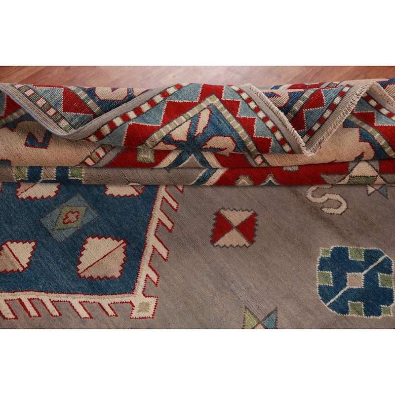 Hand Knotted Oriental 100% Wool Carpet Traditional Geometric Greys & Charcoal Kazak Area Rug - 9' 6'' X 7' 9''