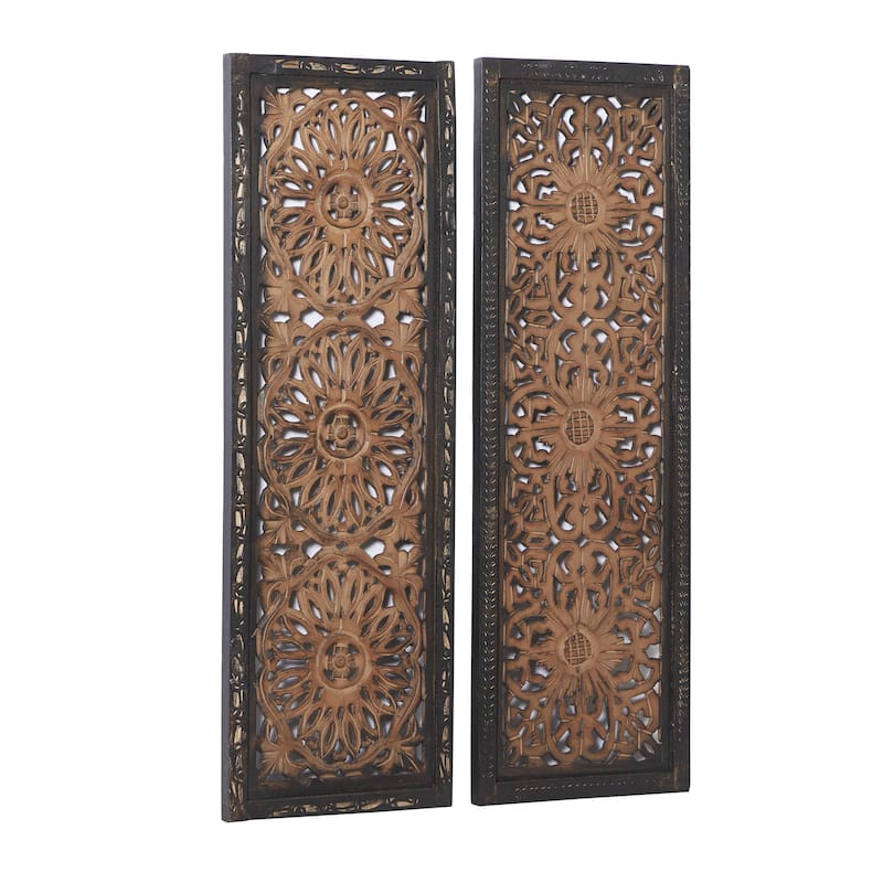 Wood Floral Handmade Intricately Carved Home Wall Decor - Set of 2 Brown - Roche River Decor