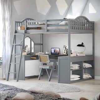 Tri-fold Mirror Loft Bed with U-shaped Desk,Storage Cabinets