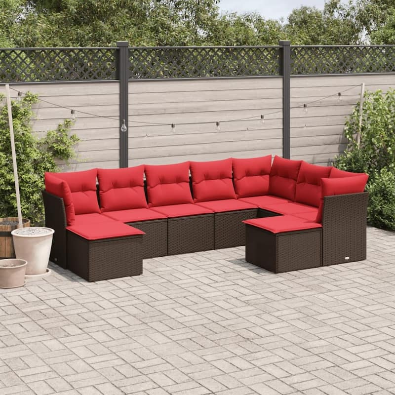 vidaXL Patio Sofa Set with Cushions Outdoor Conversation Furniture Poly Rattan - 21.7" x 24.4" x 27.2" - Brown and red without table