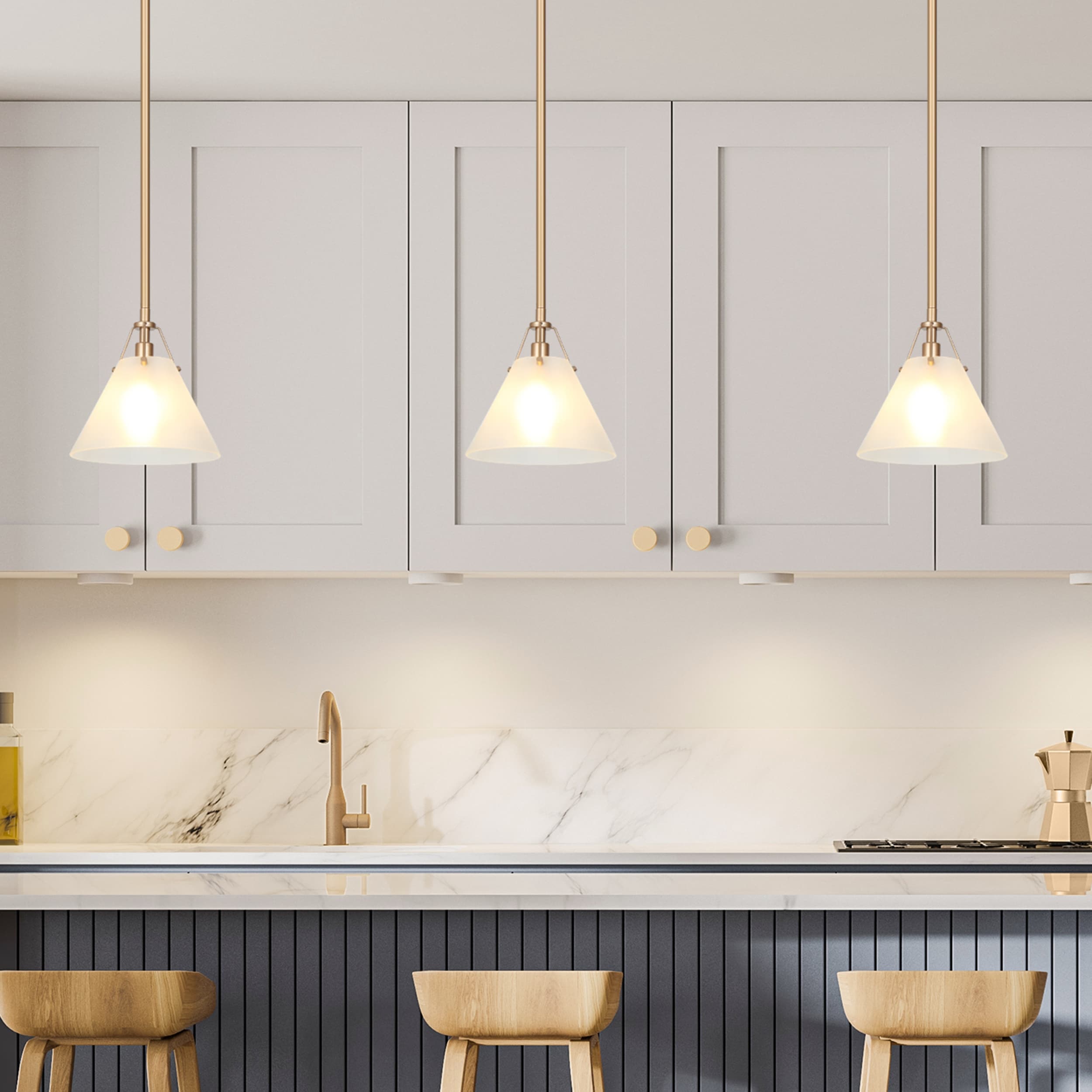 Modern Farmhouse Mini 1-light Kitchen Islands Pendant Light with Cone Frosted Glass Shade - D 7.9'' x H 70.9''