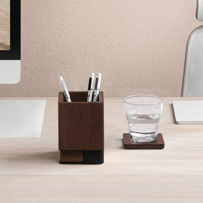 Jani Wooden Pen Cup Holder with 2 Coasters - Stained Mango Wood & Powder-Coated Metal Organizer for Home, Office & Living Spaces - Walnut-Black