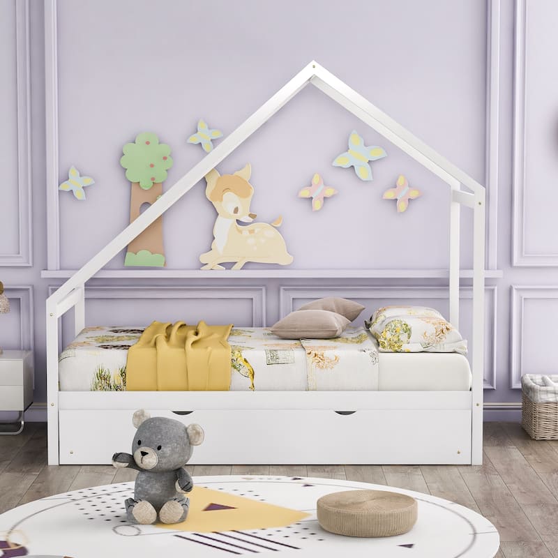 Wooden House Bed With Trundle - White - Twin
