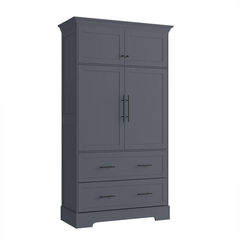 Farmhouse 72.6" Tall Kitchen Pantry with 4 Doors Storage Cabinet , 2 Drawers and Pull-out Trays for Cake Pan Storage Organizer