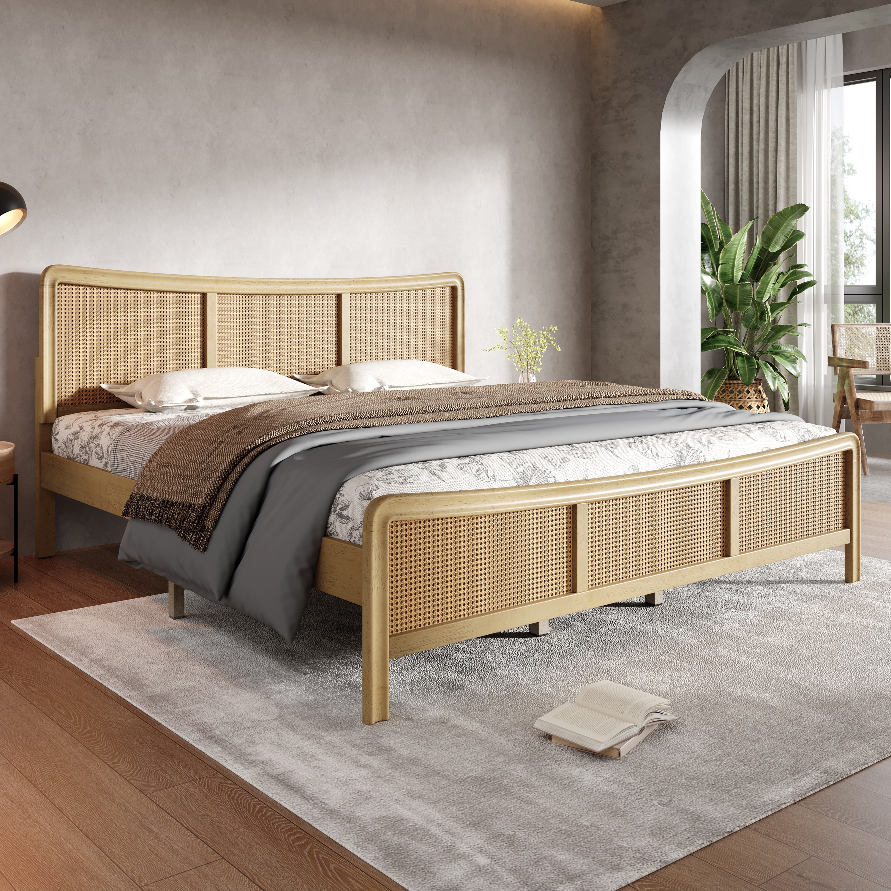 Christopher Knight Home- Celestine Curved Rubberwood Bed Frame with Rattan Headboard
