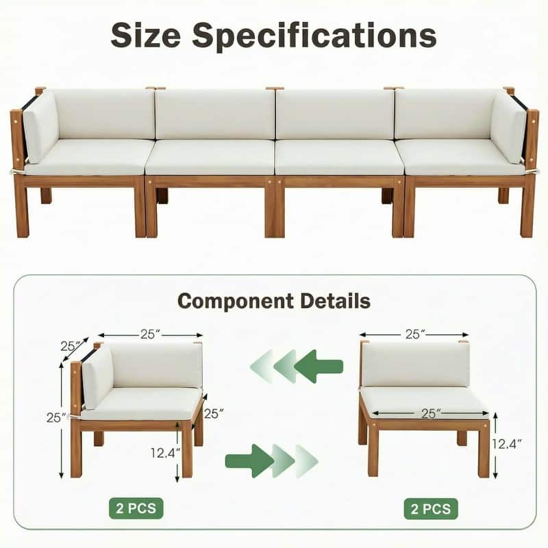 Furniwell Acacia Wood Patio Conversation Set Rope Woven Outdoor Sectional Sofa with Table and Cream Cushions