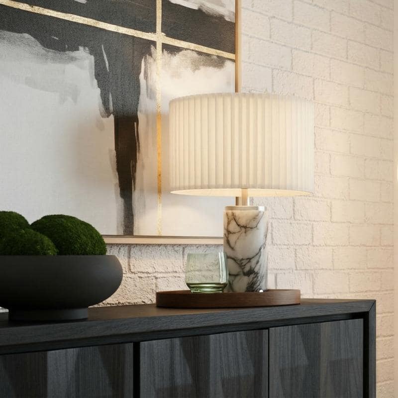 Brightech Arden 17 in. Marble Mid-Century Modern LED Table Lamp with Fabric Drum Shade and Built-In Charging Port